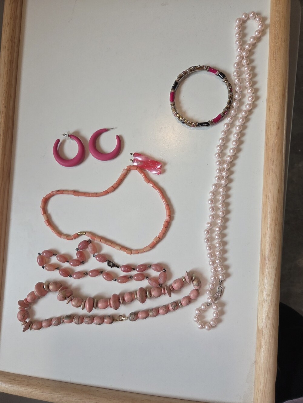 Vintage Pink Jewelry Lot Necklaces Earrings Bangle Set 7 Pieces
